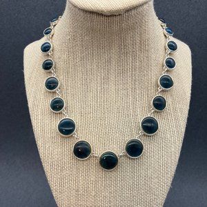 Teal Silver Bezeled Necklace As Is Dark Blue Round Chain Graduated Retro BoHo
